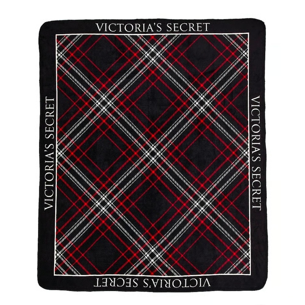Victoria's Secret Cozy Plush Blanket Red Black Plaid Sherpa Fleece Throw 50x60